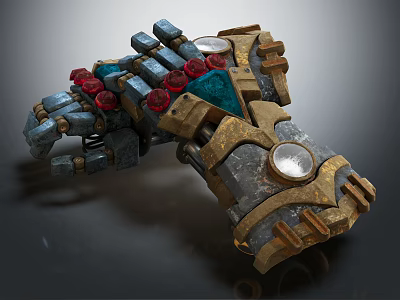 Detailed Mechanical Glove With Metallic Structure Red Gemstones Golden Components And Blue Accents 3d model