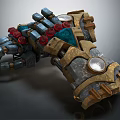 Detailed Mechanical Glove With Metallic Structure Red Gemstones Golden Components And Blue Accents
