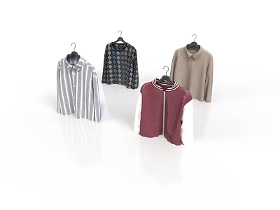 Various Stylish Clothing Items Hanging On Hangers With Different Patterns And Colors 3d model