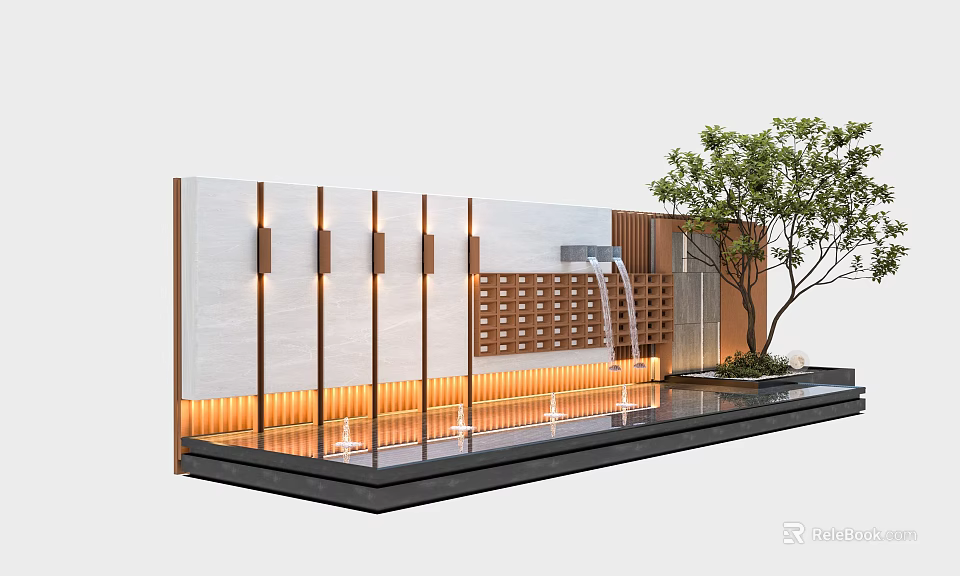 Modern Landscape Feature Wall With Waterfall Wooden Panel Illuminated Pool And Small Tree 3d model