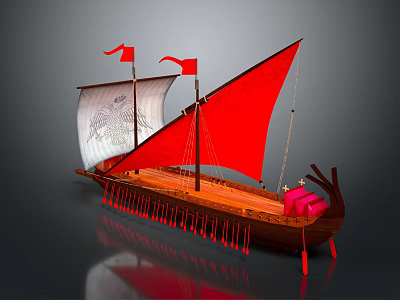 Traditional Wooden Ship With Red And White Sails Red Flags And Decorative Hull 3d model