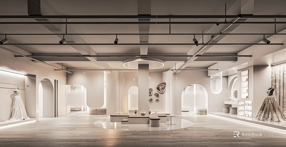 Modern Bridal Shop Interior With Wedding Dress Displays Soft Lighting And Fitting Area 3d model 