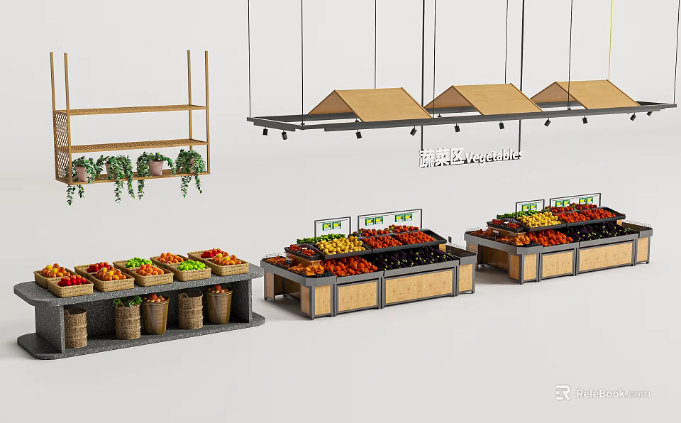 Supermarket Grocery Fresh Fruit Display with Organized Shelves Hanging Decorations and Colorful Fruit Baskets 3d model 