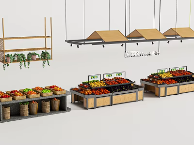 Supermarket Grocery Fresh Fruit Display with Organized Shelves Hanging Decorations and Colorful Fruit Baskets 3d model
