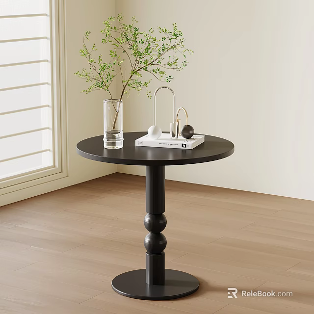 Black Round Side Table With Clear Vase Green Plant And Headphones Indoors 3d model 