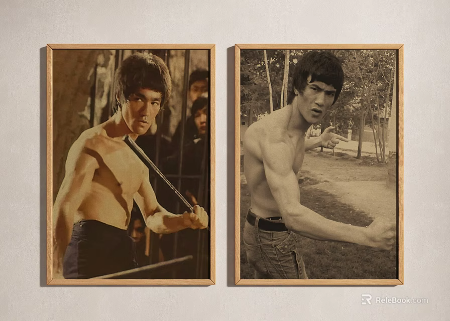 Bruce Lee Martial Arts Portraits With Nunchaku And Outdoor Background In Wooden Frames 3d model 