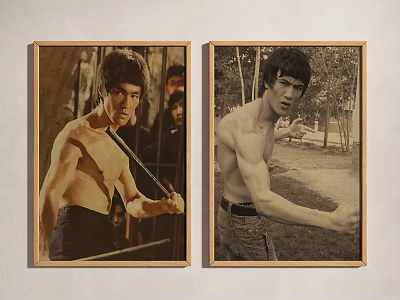 Bruce Lee Martial Arts Portraits With Nunchaku And Outdoor Background In Wooden Frames 3d model