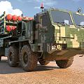 Camouflaged Military Missile Launch Vehicle With Elevated Launcher In Desert Terrain