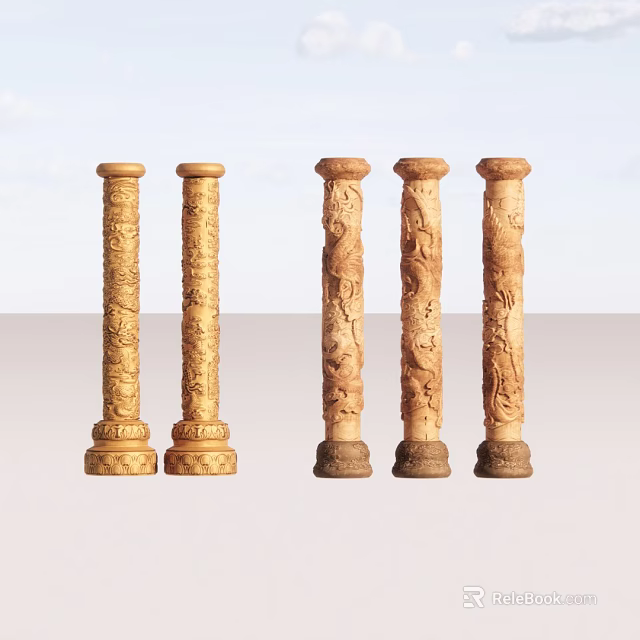 Traditional Carved Wooden Columns With Intricate Dragon Patterns And Decorative Bases 3d model 