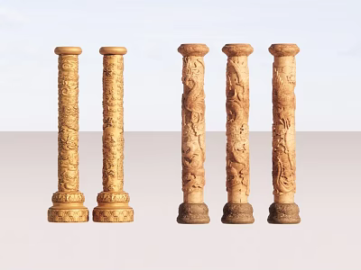 Traditional Carved Wooden Columns With Intricate Dragon Patterns And Decorative Bases 3d model