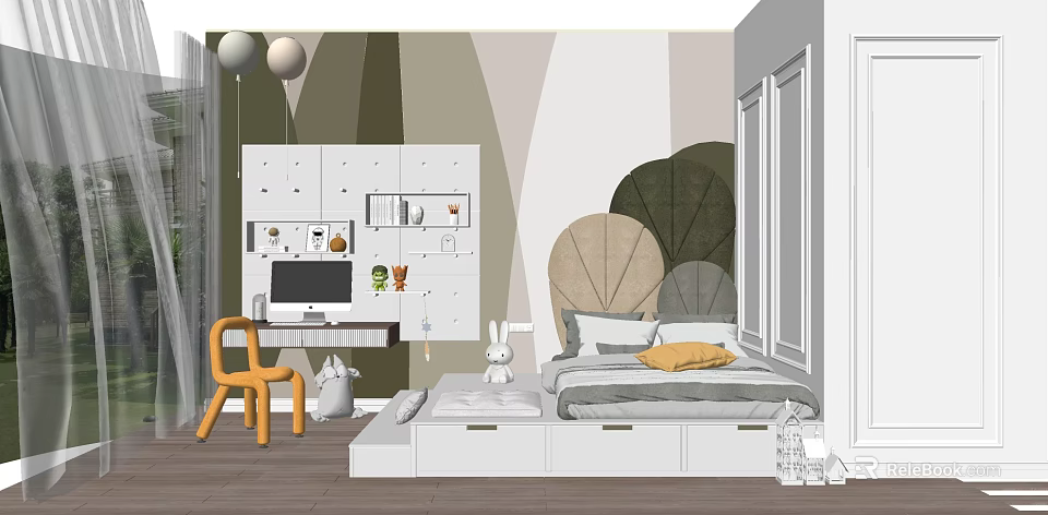 Tatami Bedroom Interior With Leaf Pattern Wall Study Desk And Storage Cabinets 3d model