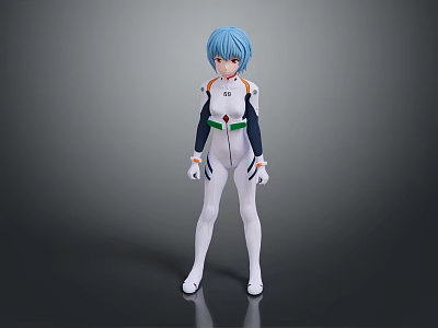 Anime Character With Blue Hair In White Bodysuit Colorful Stripes And Symbol 3d model