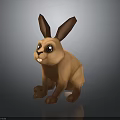 Brown Cartoon Rabbit 3D Model Sitting with Large Ears Black Eyes on Reflective Gray Background