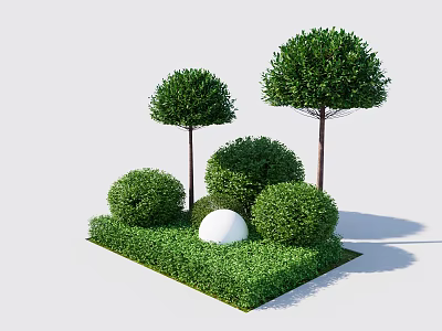 Neatly Trimmed Rounded Bushes Arranged In Green Lawn With White Sphere Decor 3d model