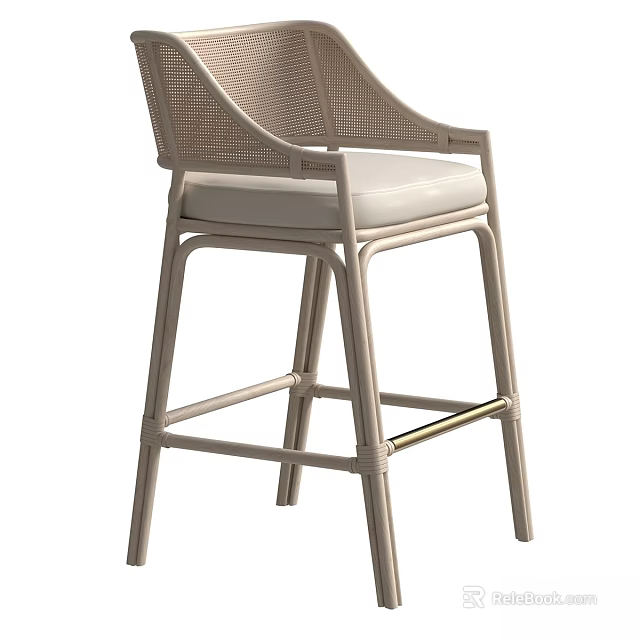 Light Colored Modern Bar Stool With Rattan Back Upholstered Seat And Metal Frame 3d model 