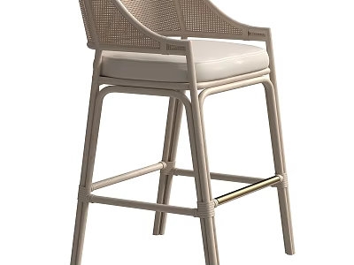 Light Colored Modern Bar Stool With Rattan Back Upholstered Seat And Metal Frame 3d model