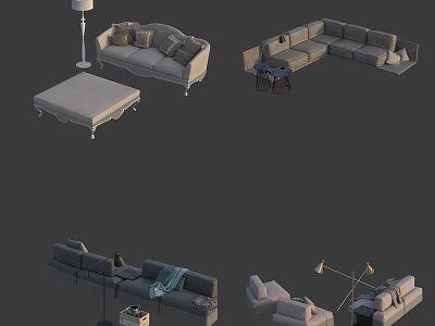 Modern Sofa and Coffee Table Set With Accent Pillows Floor Lamp and Stylish Design 3d model