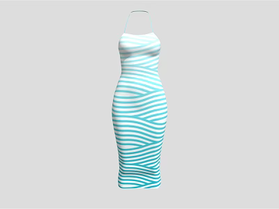 Blue And White Striped Strapless Fitted Dress For Summer Fashion Style 3d model