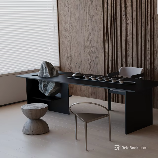 Modern Tea Room Interior Design With Natural Light Wooden Furniture And Tea Set 3d model 