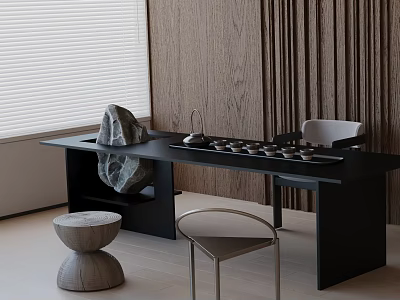 Modern Tea Room Interior Design With Natural Light Wooden Furniture And Tea Set 3d model