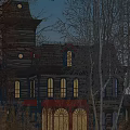 Ancient Building With Tower Structure Multiple Illuminated Windows And Surrounding Trees At Dusk