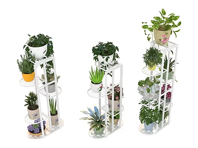 White Multi Tiered Plant Stands With Various Potted Plants For Indoor Decor 3d model