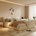 Cozy Bedroom Interior With Soft Bed Pillows Warm Quilt Desk Laptop Window Curtains And Patterned Rug