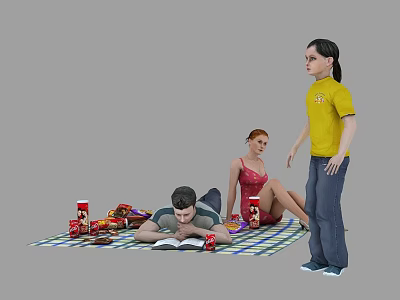 Group of People Having Picnic on Checkered Blanket with Snacks Drinks and Reading 3d model