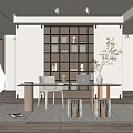 Modern Study Desk and Chair Combination Bookcase Curtain Low Stool Laptop Computer Green Plant Vase Ornaments 3d model