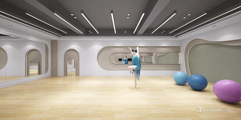 Fitness Dance Studio Featuring Dancer Practicing Wooden Floor Blue Exercise Balls Mirrors And Curved Walls 3d model 