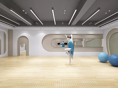 Fitness Dance Studio Featuring Dancer Practicing Wooden Floor Blue Exercise Balls Mirrors And Curved Walls 3d model