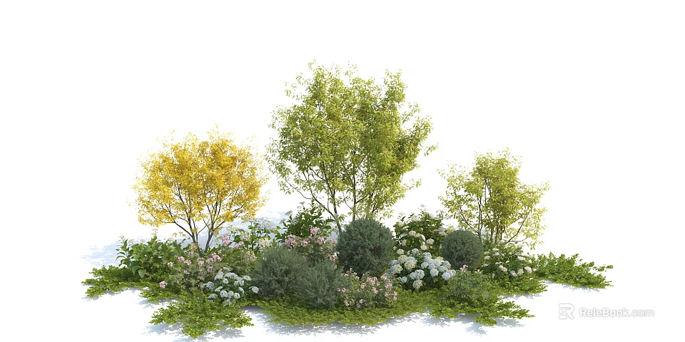 Colorful Garden Shrubs with Yellow Green Trees and Pink White Flowers 3d model 