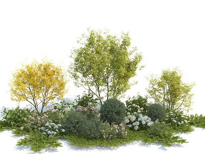 Colorful Garden Shrubs with Yellow Green Trees and Pink White Flowers 3d model