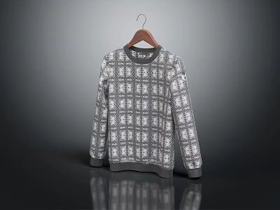 Long Sleeve Knitted Sweater With Gray White Plaid Pattern On Wooden Hanger 3d model