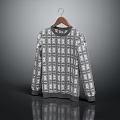 Long Sleeve Knitted Sweater With Gray White Plaid Pattern On Wooden Hanger