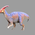 3D Rendered Dinosaur With Blue Orange Stripes And Pink Crest In Walking Pose