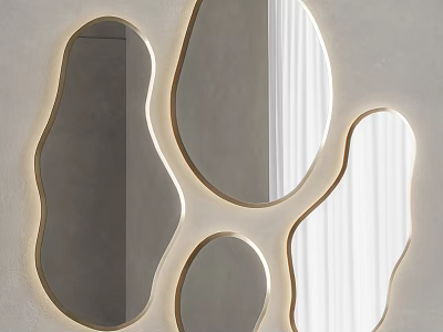 Irregular Shaped Mirrors With Golden Frame Illuminated Modern Wall Decor Design 3d model