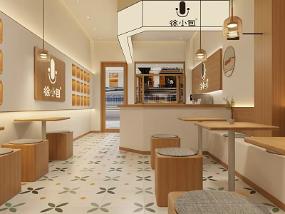 Cozy Bubble Tea Shop Interior With Wooden Tables Stools Hanging Lights And Patterned Tile Floor 3d model