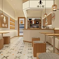 Cozy Bubble Tea Shop Interior With Wooden Tables Stools Hanging Lights And Patterned Tile Floor