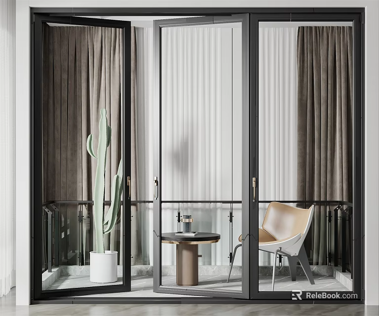 Modern Indoor Relaxation Space With Black Frame Glass Sliding Doors Gray Curtains And Beige Chair 3d model 