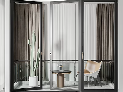Modern Indoor Relaxation Space With Black Frame Glass Sliding Doors Gray Curtains And Beige Chair 3d model