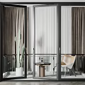 Modern Indoor Relaxation Space With Black Frame Glass Sliding Doors Gray Curtains And Beige Chair