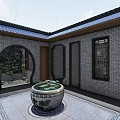 Traditional Chinese Detached Villa With Tile Roof Courtyard Windows And Circular Green Decor