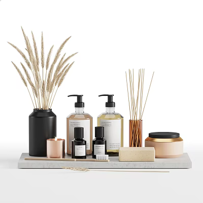 Elegant Bathroom Accessories with Fragrance Reed Diffuser Lotion Bottles Candle and Soap 3d model