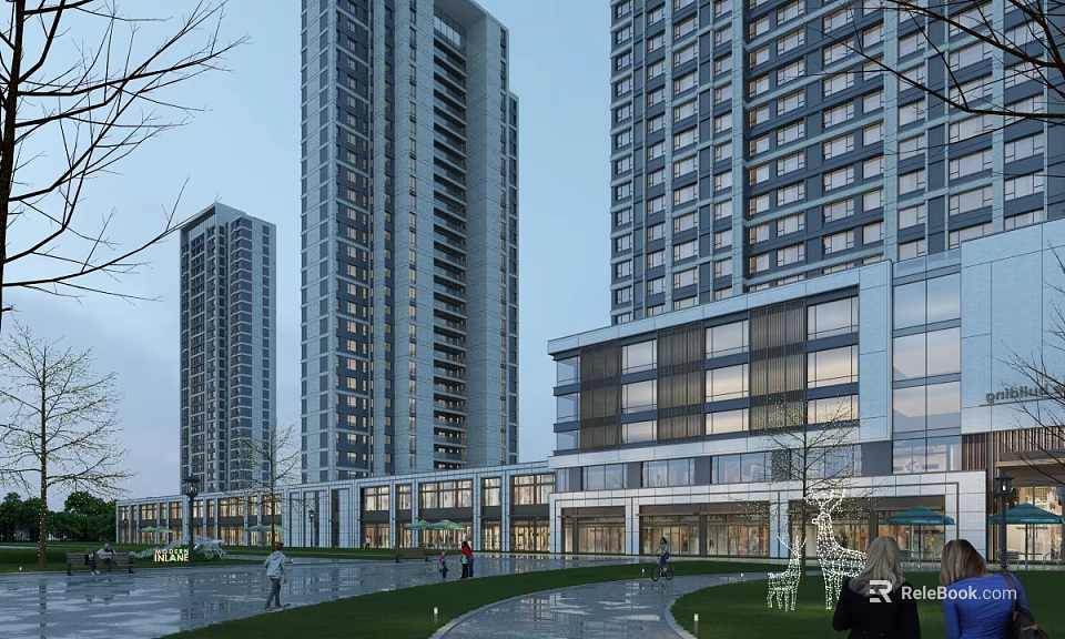 Modern Commercial Street With High Rise Buildings Pedestrian Walkways Green Spaces And Glass Facades 3d model 