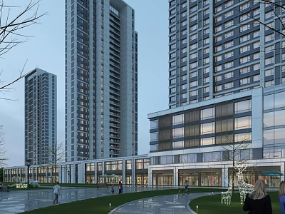Modern Commercial Street With High Rise Buildings Pedestrian Walkways Green Spaces And Glass Facades 3d model