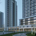 Modern Commercial Street With High Rise Buildings Pedestrian Walkways Green Spaces And Glass Facades
