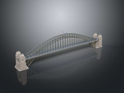 Sydney Harbour Bridge Model With Arch Structure And Stone Towers On Dark Surface With Reflection 3d model