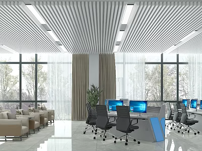 Modern Monitoring Room Interior Design With Multiple Monitor Screens Office Desks And Chairs 3d model
