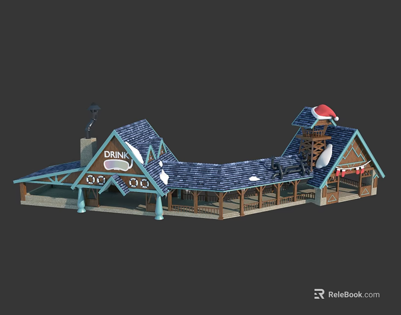 Snowy Wooden Cabin With Santa Hat Decor Donut Sign And Blue Gabled Roofs 3d model 